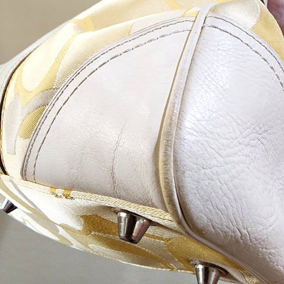 Coach Hampton Optic Signature Stripe Yellow White Double Handle Purse Bag - Picture 10 of 16